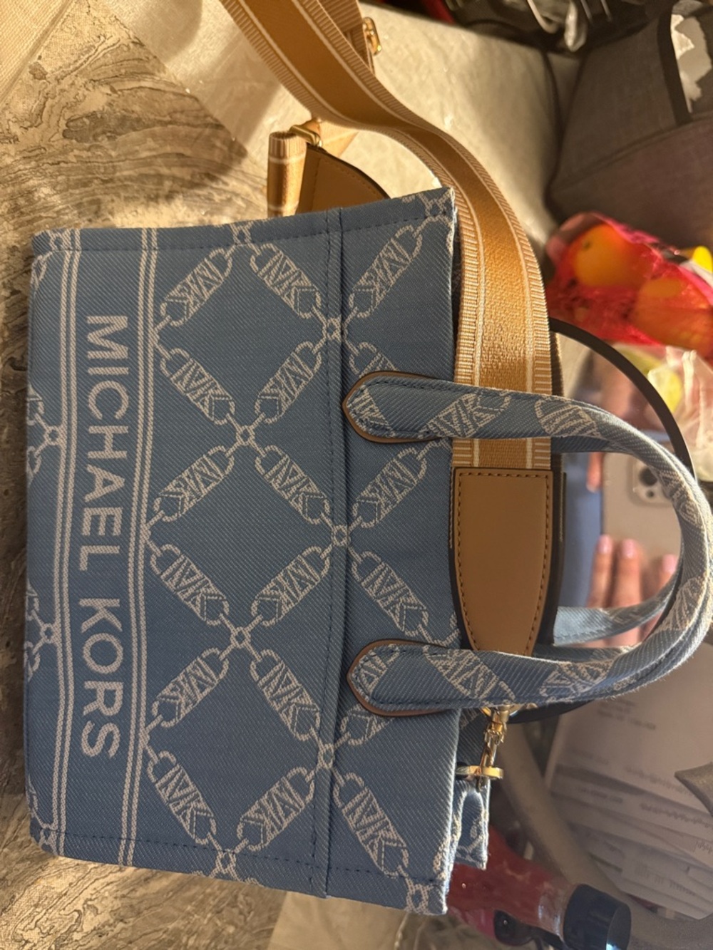 Michael Kors Light Blue Logo Canvas Satchel with Tan Straps